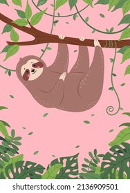 Cartoon sloth card, happy sloths sleeping or hanging from tree. Cute posters with sleepy lazy animal characters and funny phrases vector set. Congratulation birthday text greeting cards