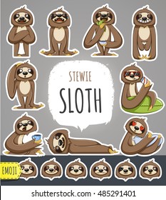 Cartoon Sloth Character. Emoticon Stickers With Different Emotions. Vector Illustration.