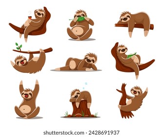 Cartoon sloth characters. Cute lazy animals vector personages hanging and climbing on rainforest jungle tree branches. Funny sloths eating leaves, drinking coffee, reading book and resting on stump