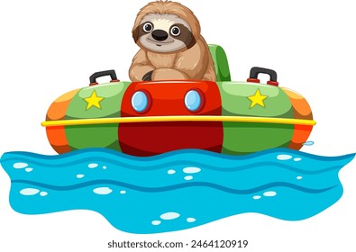 Cartoon sloth in a colorful bumper boat