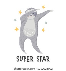 Сute cartoon sloth dancing dab dance. Super star lazy bear vector illustration in a flat style. Animal kids vector card.