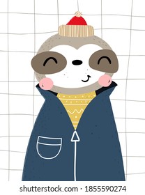 cartoon sloth, decor elements. vector illustration, flat style. baby design for print, card, cover, poster
