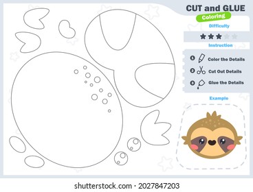 Cartoon sloth. Education paper game for preshool children. Cut parts of the image and glue on the paper. Vector illustration. Cut and Glue Game.