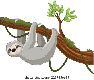 Cartoon sloth hanging on a tree branch