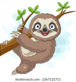 Cartoon sloth hanging on a tree branch