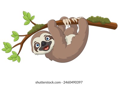 Cartoon sloth hanging on a tree branch