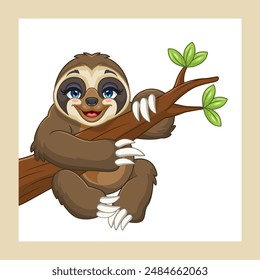Cartoon sloth hanging on a tree branch