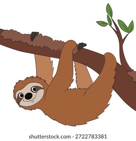 Perezoso de dibujos animados colgando en una rama de árbol