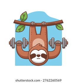a cartoon sloth hanging upside down from a brown branch with green leaves, lifting dumbbells with both hands. The sloth has a white face with brown patches around its eyes and a brown body. It is hanging in front of a light blue background.