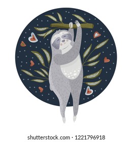 Сute cartoon sloth hold on a branch. Vector animal illustration in a flat style. Children funny round postcard.