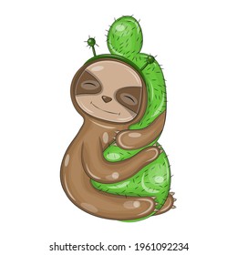 Cartoon sloth hugging a cactus on a white background. Vector sloth is made in the style of children, and is perfect for prints on T-shirts, cups and other baby products.
