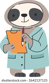 A cartoon sloth in a lab coat holds a clipboard and pencil in a playful style. The sloth appears as a doctor, adding a humorous touch to the scene. Cartoon vector illustration.