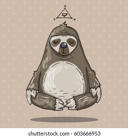 Cartoon sloth meditates. Cartoon illustration in comic trendy style.