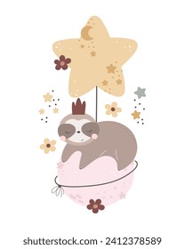 cartoon sloth, planet, decorative elements. flat style, colorful vector for kids. baby design for cards, poster decoration, t-shirt print