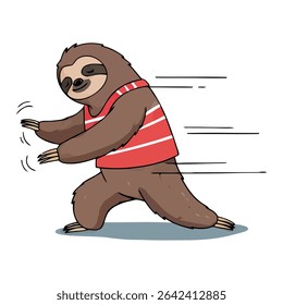 A cartoon sloth in a red and white striped shirt appears to be running or moving quickly, with motion lines behind it.