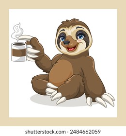 cartoon sloth relaxing with a cup of coffee