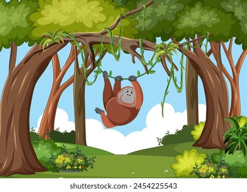 Cartoon sloth relaxing on a vine in lush forest