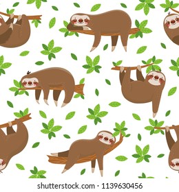 Cartoon sloth seamless pattern. Cute sloths on tropical lianas branches adorable. Lazy jungle animal hanging fabric funny at rainforest trees leaves wildlife textile texture patterns vector background