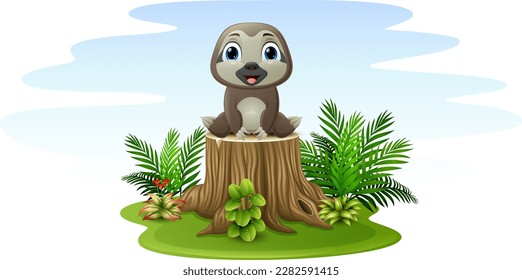 Cartoon sloth sitting on tree stump