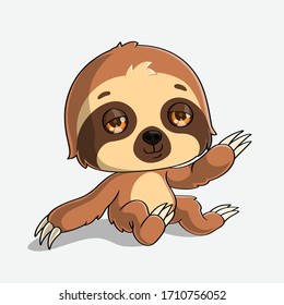 Cartoon sloth sitting and waving, hand drawn