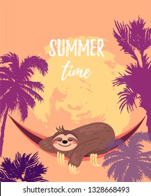 Cartoon sloth is sleeping in hammock under palm trees. Summer time vector illustration. Place for your text. Seasonal template for vacation, poster, banner, party invitation.