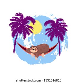 Cartoon sloth is sleeping in hammock under palm trees. Summer time vector illustration. Design element for vacation, poster, banner, party invitation, t-shirt design.