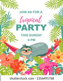 Cartoon sloth is sleeping in hammock under palm trees. Tropical party vector illustration. Place for your text. Seasonal template for vacation, poster, banner, flyer, invitation. Flat and line style.