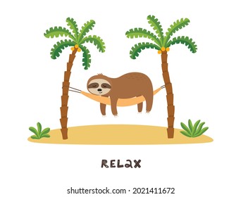 Cartoon sloth is sleeping in hammock under palm trees. Summer time vector illustration.