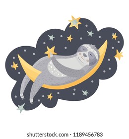 Сute cartoon sloth sleeping on the moon among the stars. Dreaming lazy bear vector illustration in a flat style.