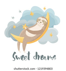 Cartoon Sloth Sleeping On Moon Among Stock Vector (Royalty Free ...