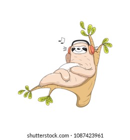 cartoon sloth are sleeping on the trees and listening music