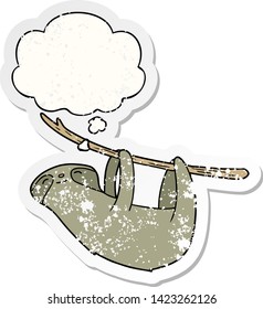 cartoon sloth with thought bubble as a distressed worn sticker