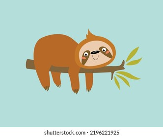 Cartoon sloth. Vector cute sloth. Cartoon character. Sloth resting on a branch