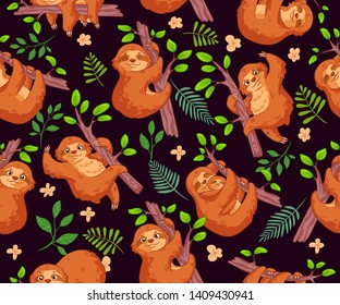 Cartoon sloths seamless pattern. Cute animal vector illustration. It can be used for sticker, patch, phone case, print, poster, baby shower design, t-shirt, holiday or party decor