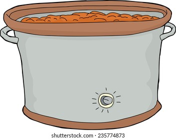 Cartoon slow cooker with food over white background