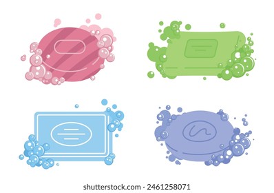 Cartoon slump soap with bubbles. Flat mini compositions with detergent, body hygiene and beauty cosmetic products, washing and cleaning, foam bath, antibacterial dirt clean nowaday vector set