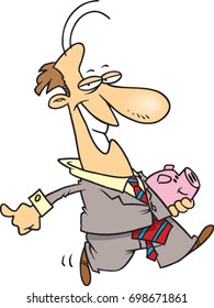 cartoon sly banker walking happily with a piggy bank