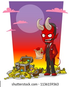 Cartoon sly evil red devil character with contract and treasure chest with diamonds, gold coins and gems. On red background.