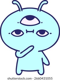 Caricatura de un Pequeño alienígena mirando pensativo en color neón brillante