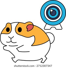 Ein Cartoon eines kleinen Tieres mit einer Kamera davor. Das Tier ist ein Hamster