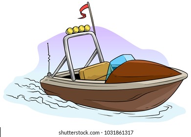 Cartoon small brown motor boat on the sea with red flag and radio antenne. Vector icon.