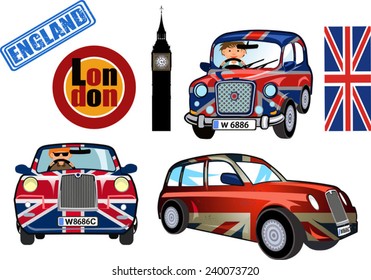 Cartoon Small car with British flag. 