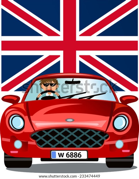 Cartoon Small car with\
British flag.