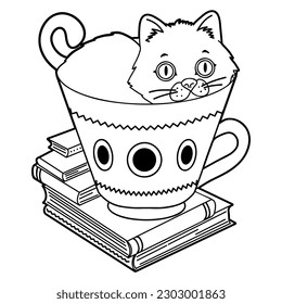 Cartoon small cat, sitting in the big cup surrounded by books, outline vector illustration isolated on white, eps10