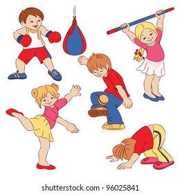 The cartoon small children who are doing sports.