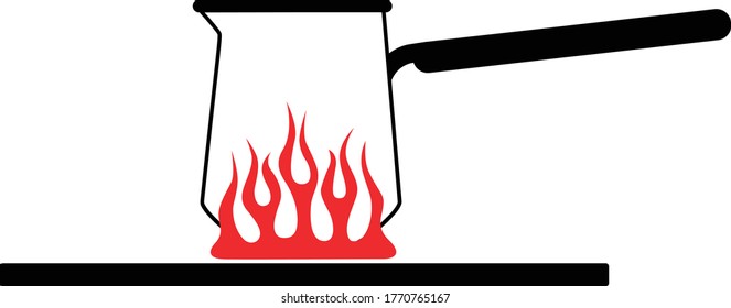 Cartoon small coffee pot with a handle on a red gas stove. Vector image of a kitchen coffee pot on fire. Vector illustration