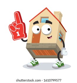 cartoon small comfort house character mascot with the number 1 one sports fan hand glove on a white background