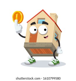 cartoon small comfort house mascot keeps the coin on white background