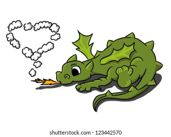 Cartoon small dragon with heart of smoke (vector)