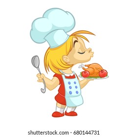 Cartoon small girl holding Thanksgiving Turkey on a tray. Vector illustration of teenager girl preparing turkey and wearing apron and  chef's toque. Outline